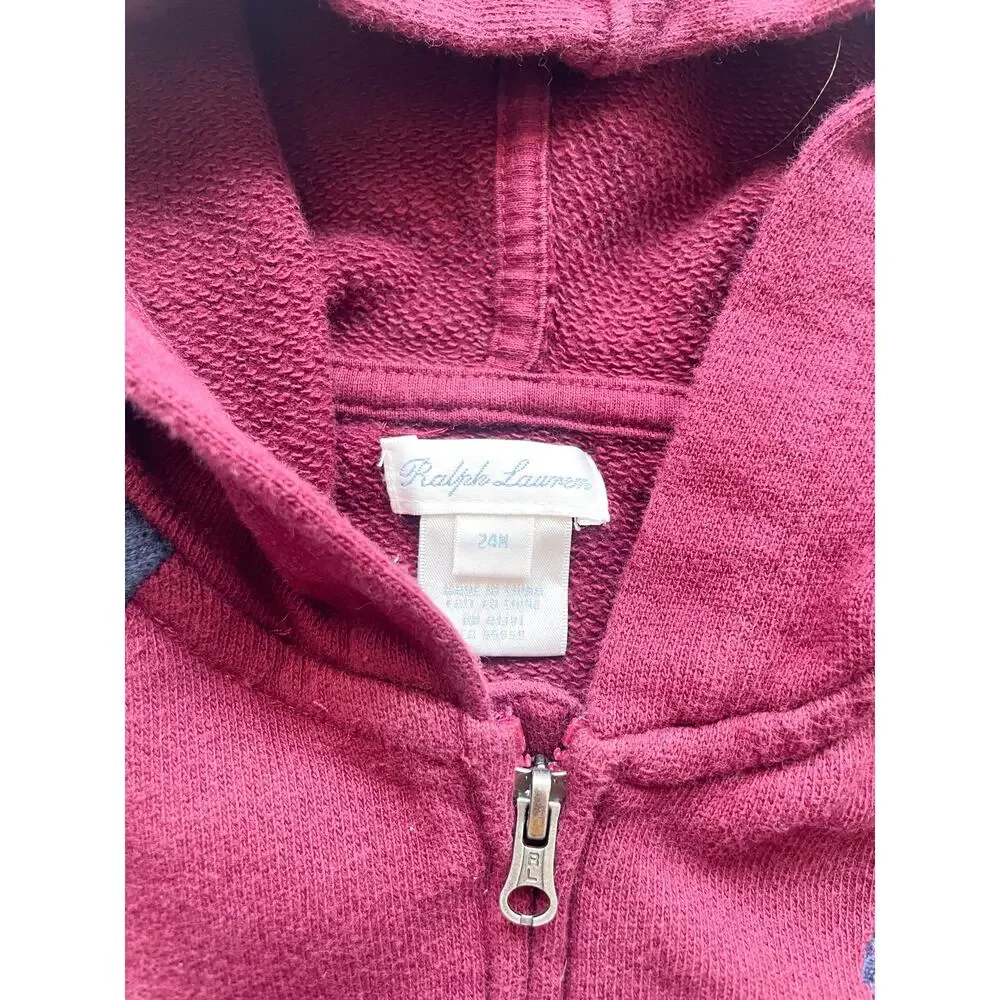Toddler Boy's Ralph Lauren Maroon and Navy Zip Up Hooded Sweatshirt Size 24 Mo.